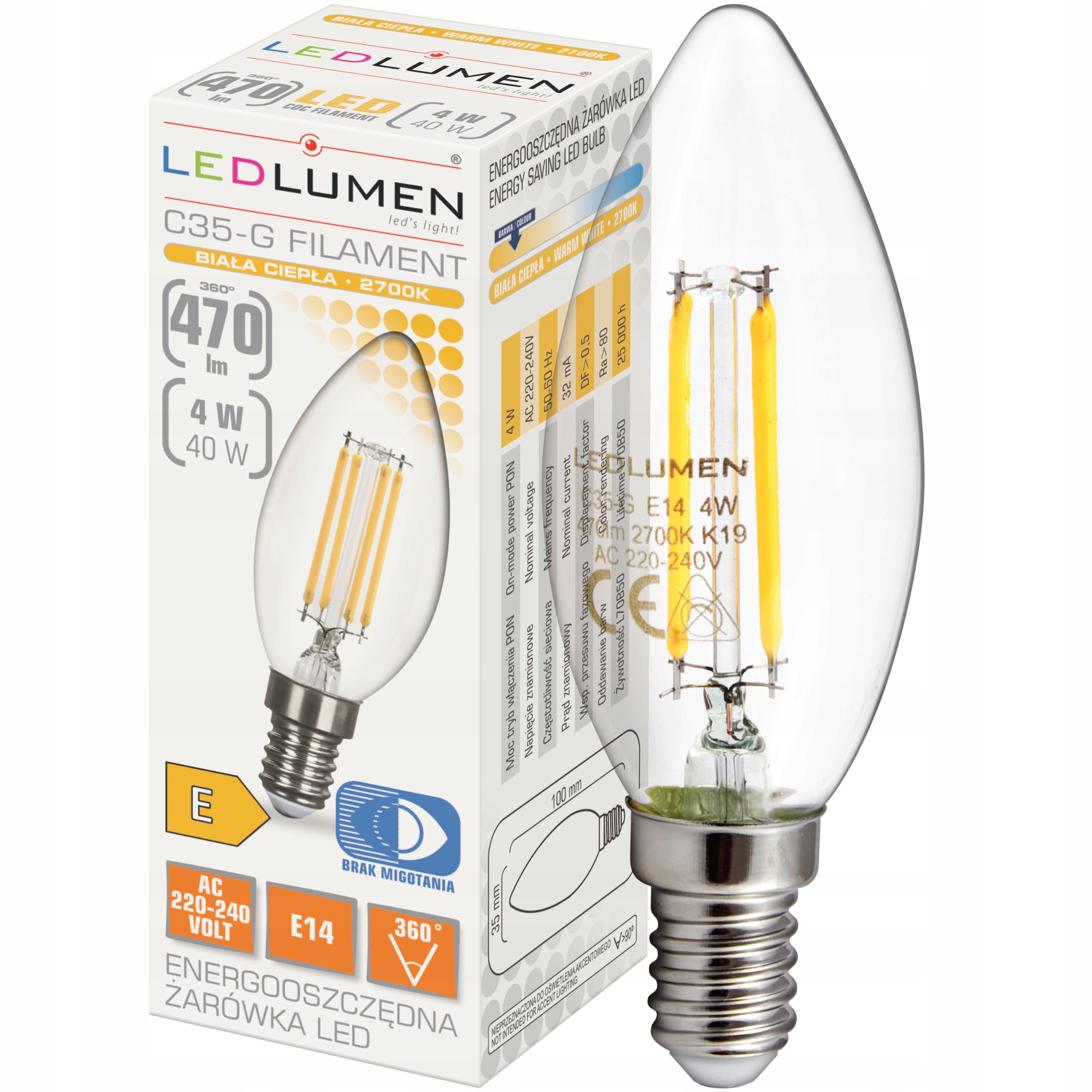 

Żarówka Świeczka E14 4W=40W Led Filament Ozdobna