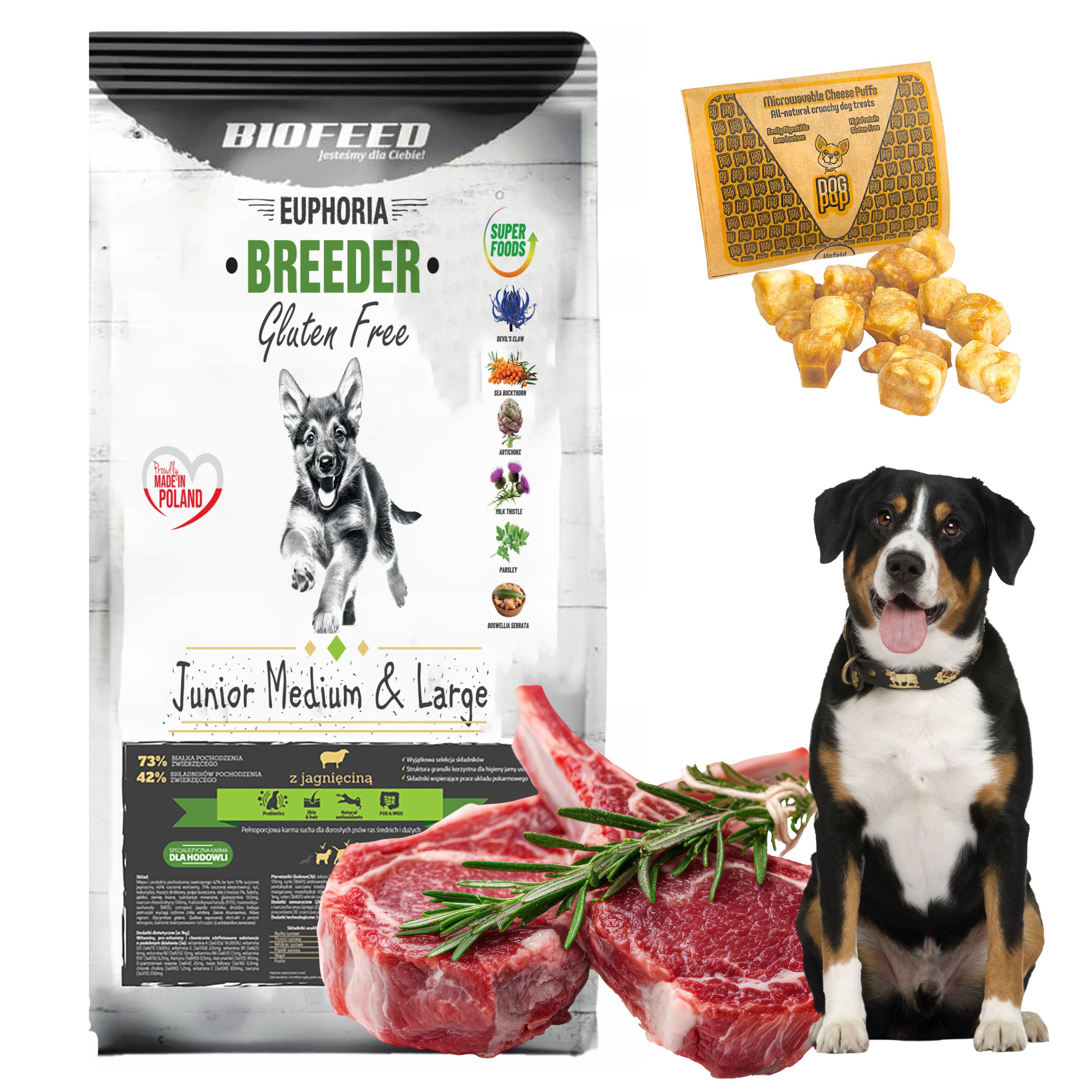 Biofeed Euphoria karma dla młodego psa Jagnięcina 15kg Chrupki Serowe