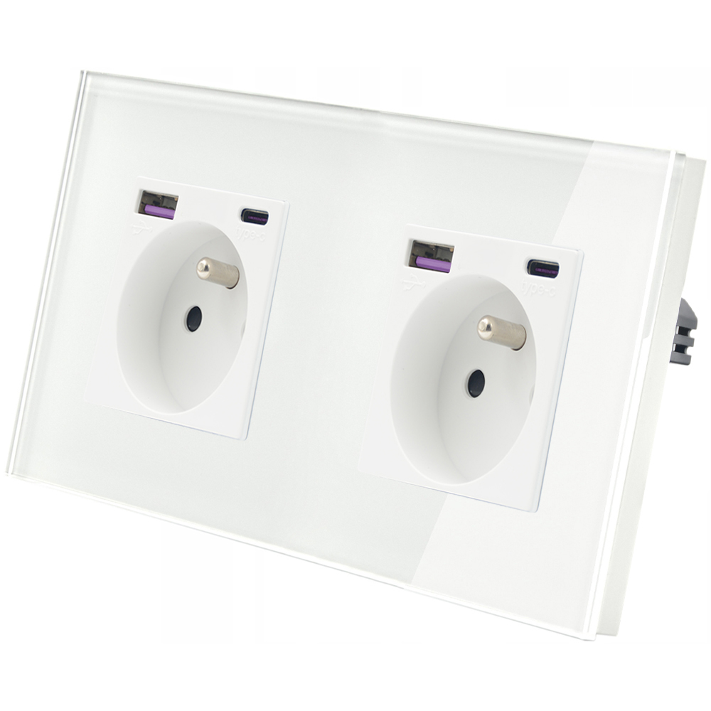 Gniazdko szklane podwójne z ładowarką Usb A+c 20W szybkie ładowanie