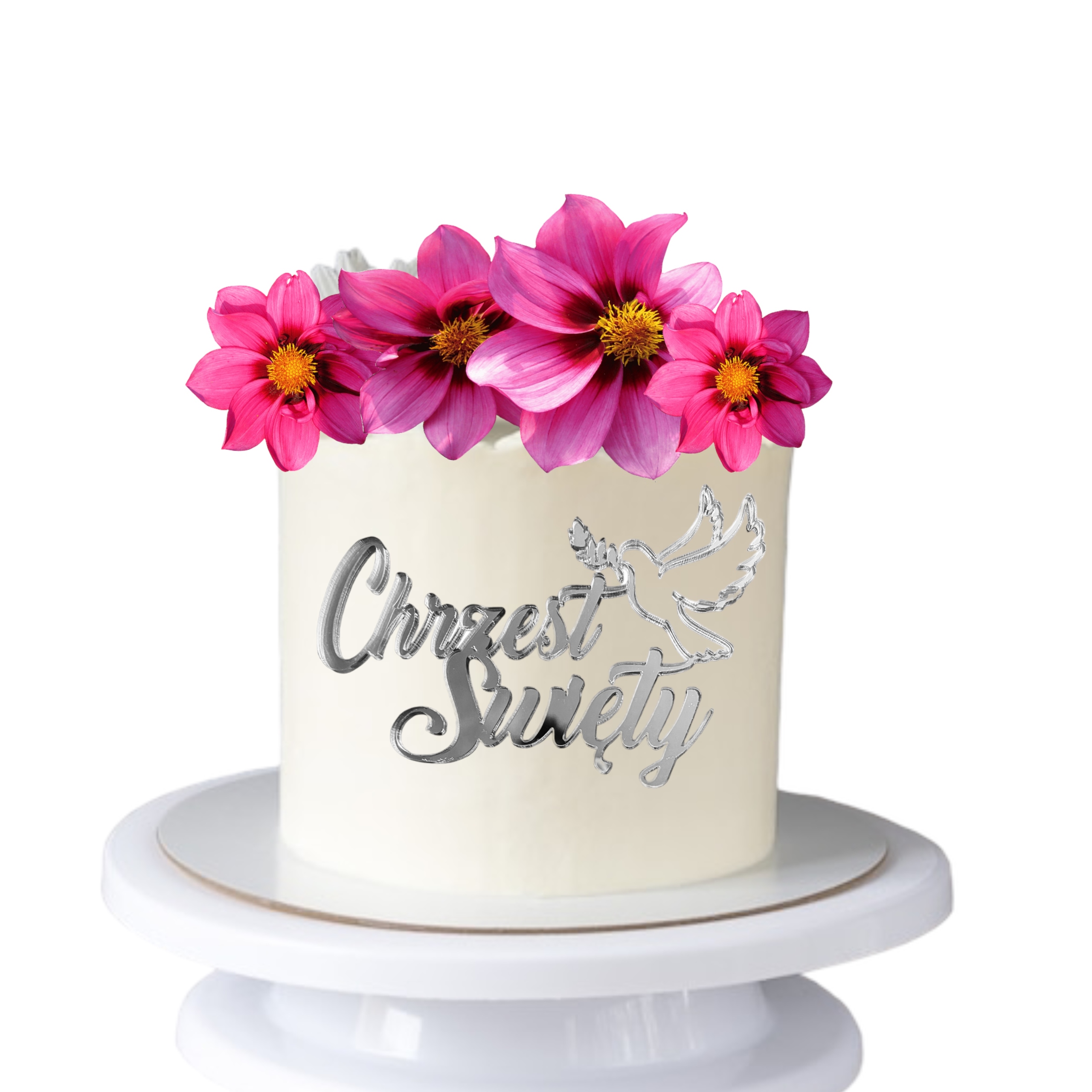 TOPPER DEKOR Na bok tortu CHRZEST SWIETY Z GOŁĄBKIEM srebrny lustrzany