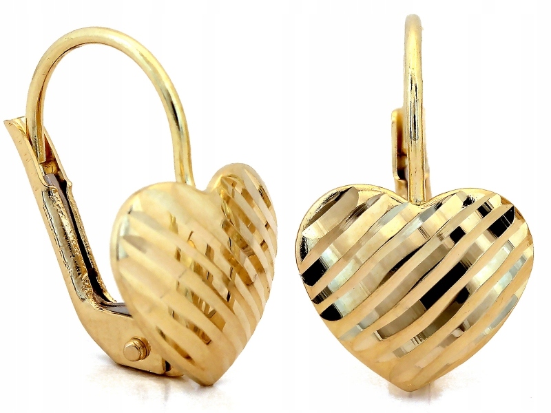 Zlaté náušnice 585 efektní moderní srdíčka s gravírováním, anglické zapínání