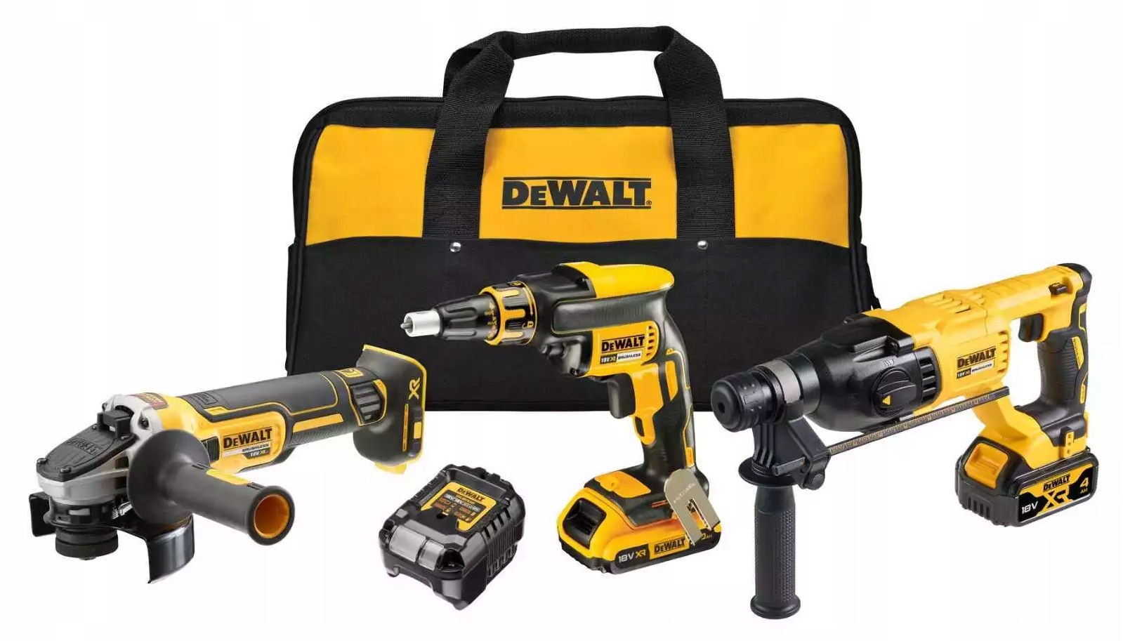 Dewalt DCK308DM Wkrętarka DCF620 Młotowiertarka DCH133 Szlifierka DCG405