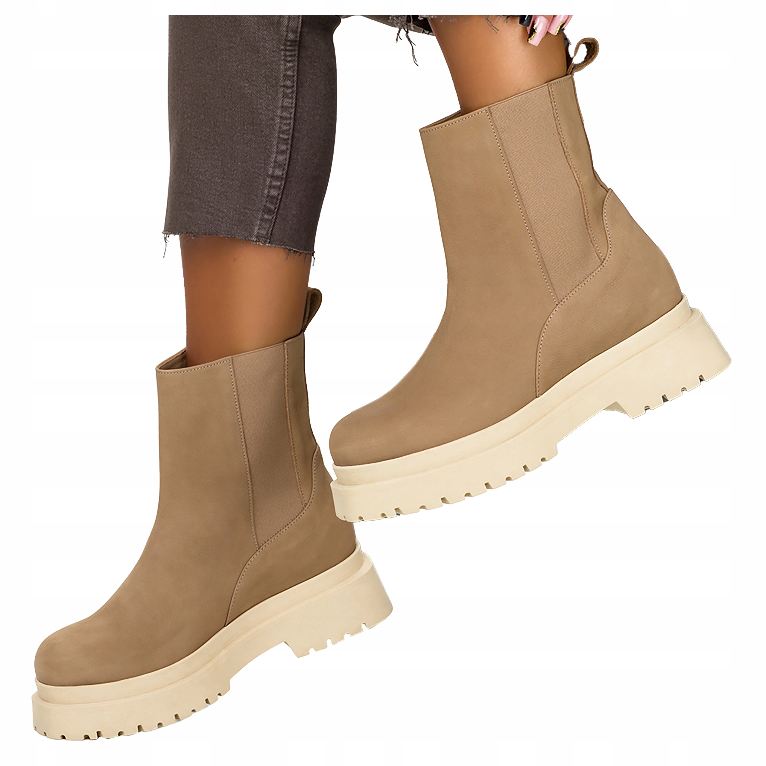 Kotníkové Boty béžové na platformě, gumičky na bocích, Polský Výrobek, velikost 40