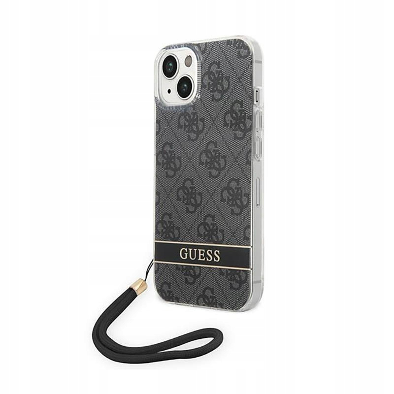 Guess 4G Print Cord – Pouzdro s poutkem na iPhone 14 Plus (černé)