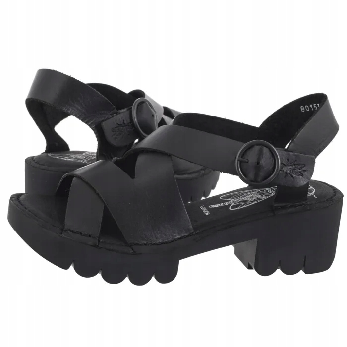 Boty Kožené sandály na podpatku Fly London Eria Bridle Black Černé