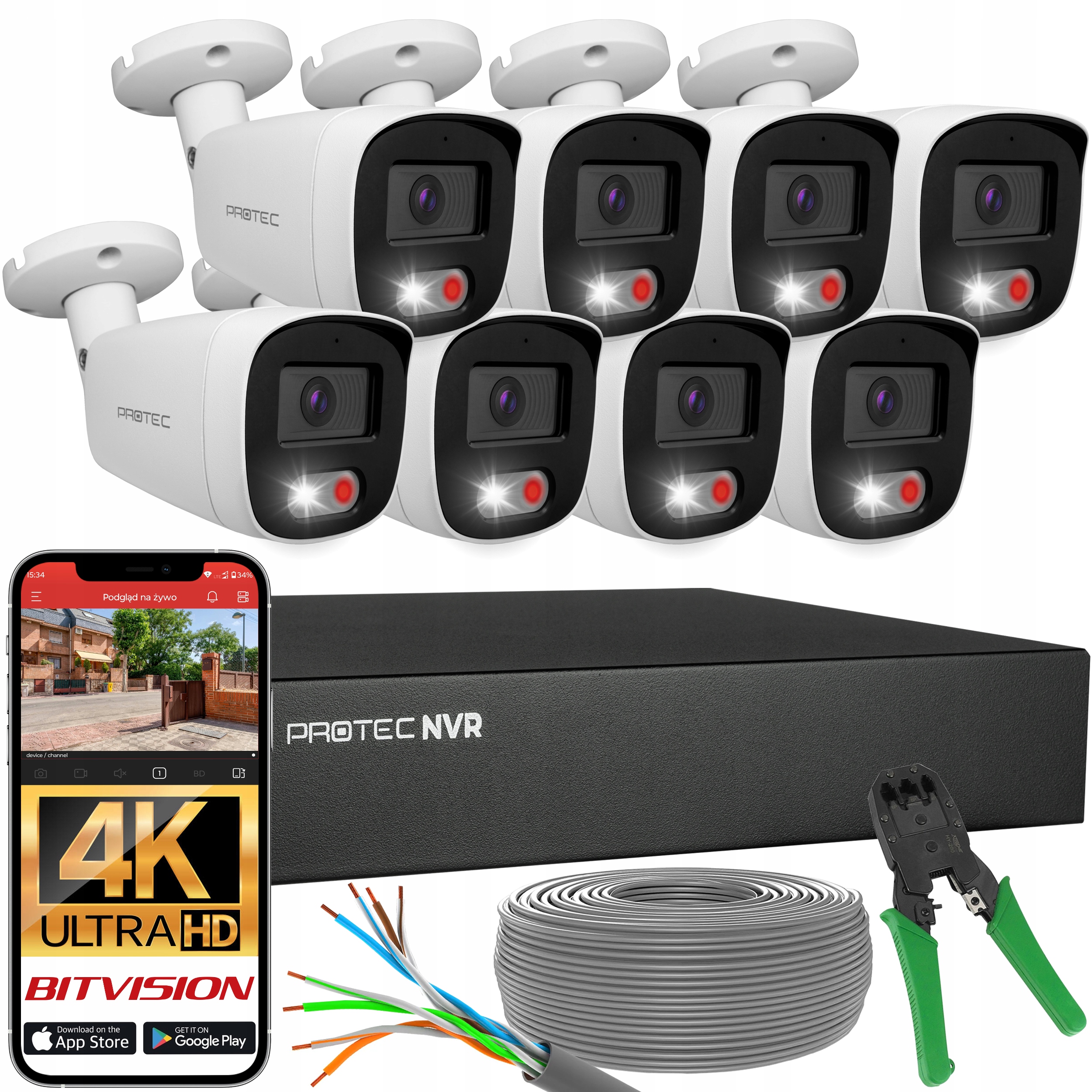 Komplet 8 kamer Ip PoE Mikrofon Detekce lidí a vozidel 8Mpx 4K bez hdd