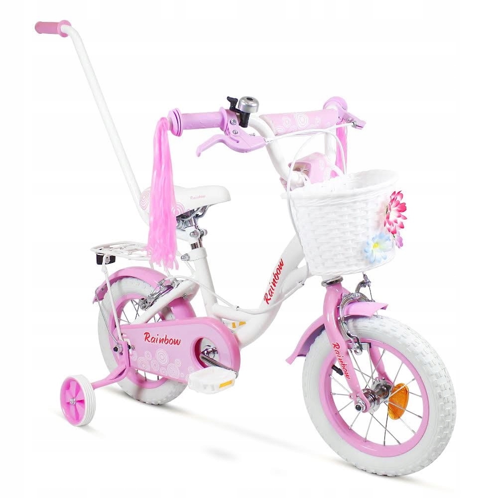 Rowerek 12 cali Sirox Rainbow Biały Pompowane Koła Koszyczek Bagażnik