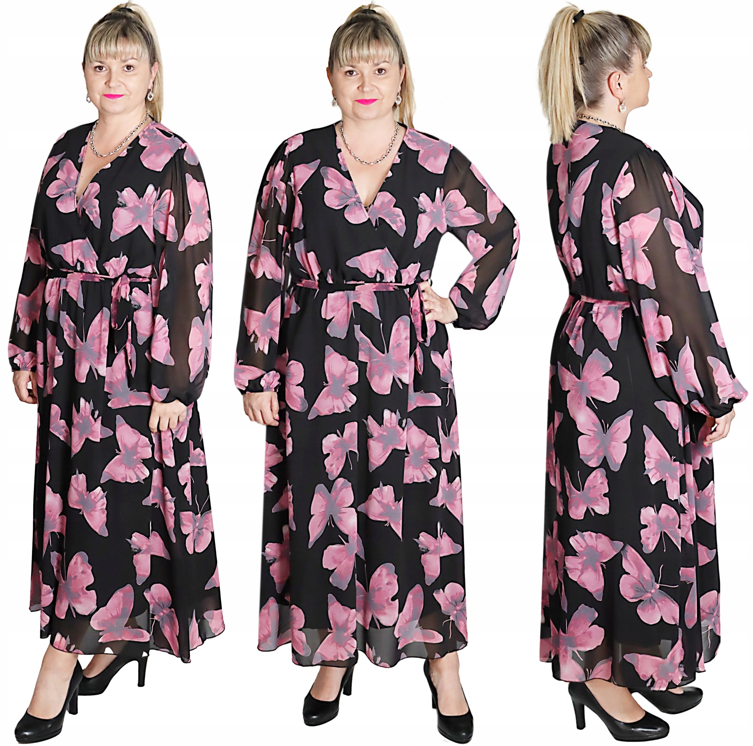 Šifonová Sukně S Motýly, barva Černo/růžová, vel 54