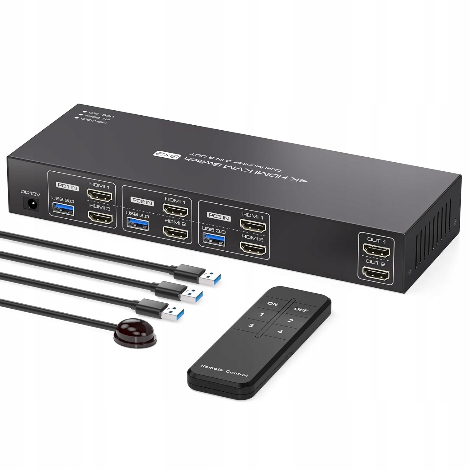 NIEKOMPLETNY Przełącznik KVM 3 PC 2 monitory HDMI 4K USB 3.0 z pilotem IR