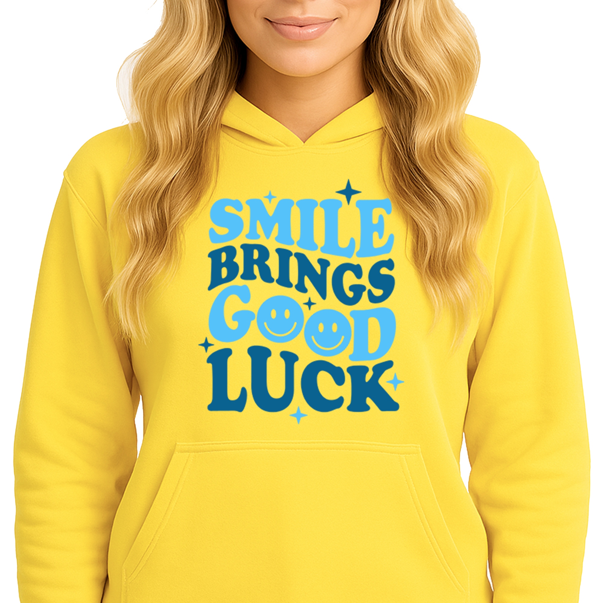 Mikina S Kapucí Žlutá bavlněná mikina Módní Smile Brings Good Luck S