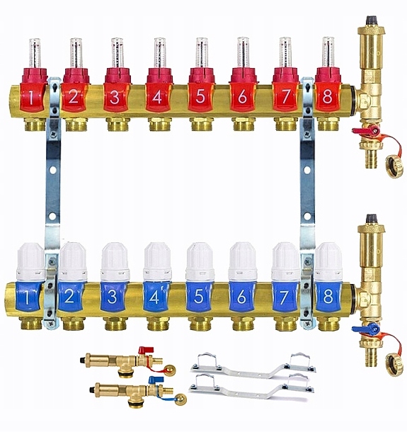 Rozdeľovač 8 Obvodov Sekcií Pre Podlahové Vykurovanie Mosadznej Podlahovej Krytiny