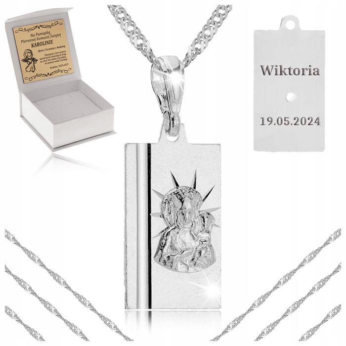 SREBRNY ŁAŃCUSZEK Z MEDALIKIEM PR. 925 PAMIĄTKA I KOMUNII ŚWIĘTEJ + GRATISY