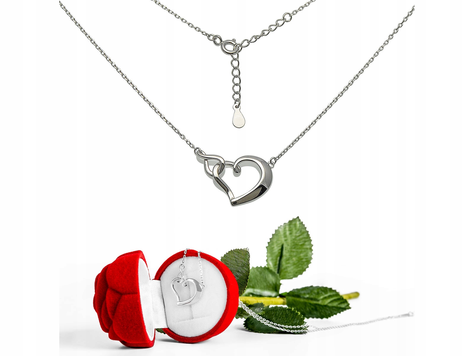 

Srebrny naszyjnik 925 serce + nieskończoność Róża