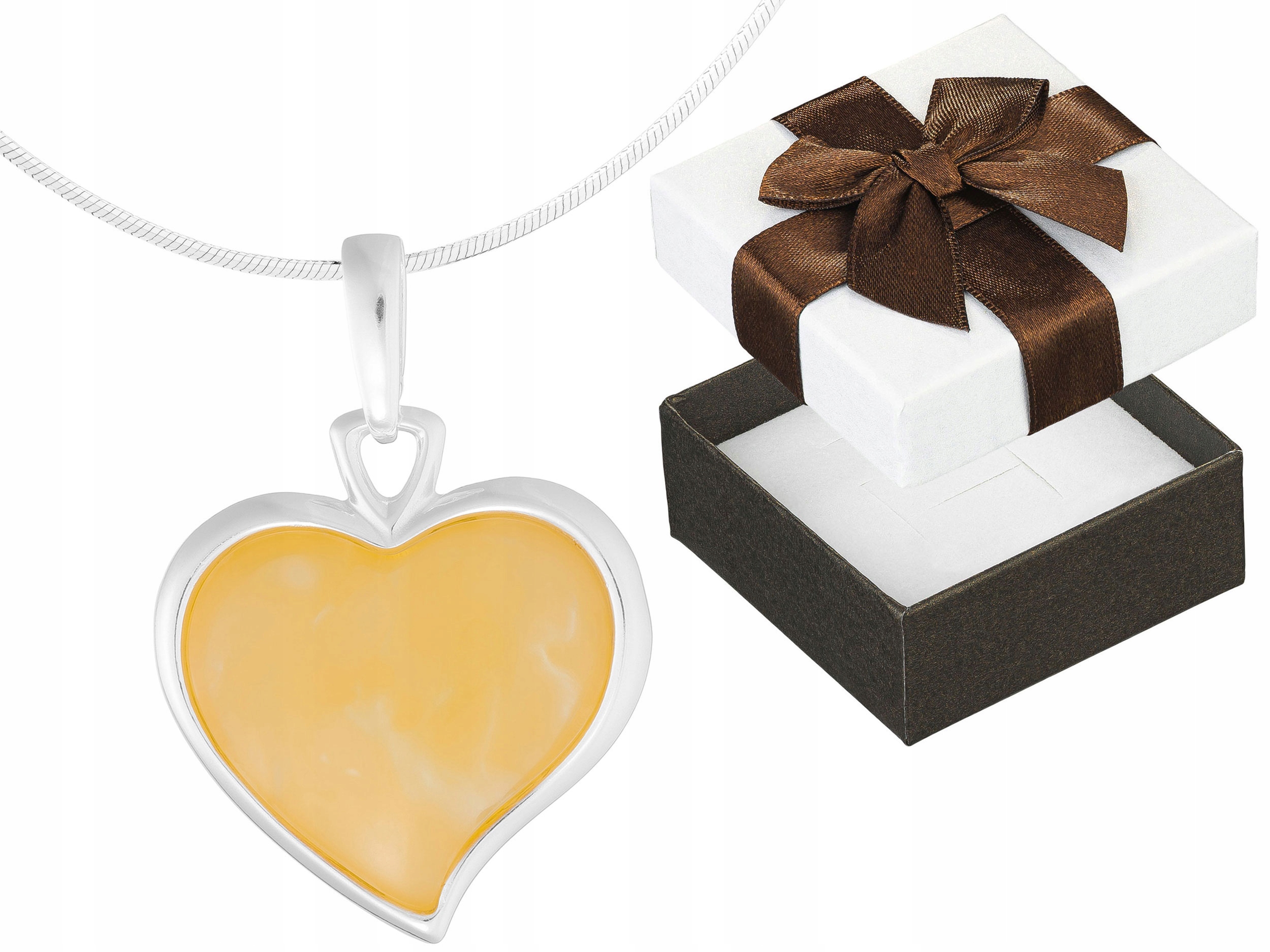 Dlouhý stříbrný dámský náhrdelník s velkým srdcem a mléčným jantarem Stříbro 90