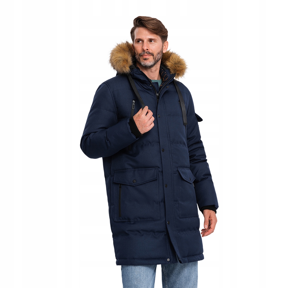Dlouhá teplá pánská bunda s kapucí typu parka, modrá V1 OM-JALJ-0182 S