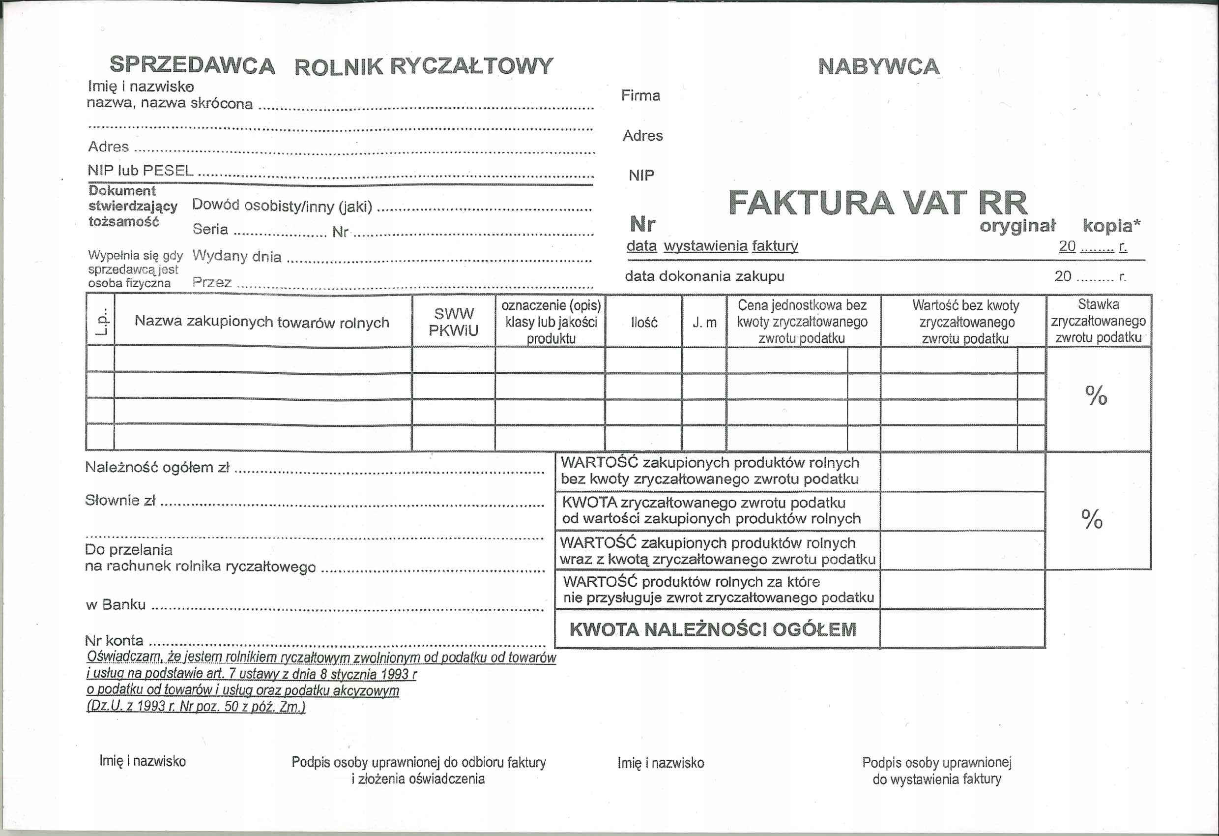 FAKTURA VAT RR A5 Rolnik ryczałtowy 90 kartek samokopia (5905320850807 ...