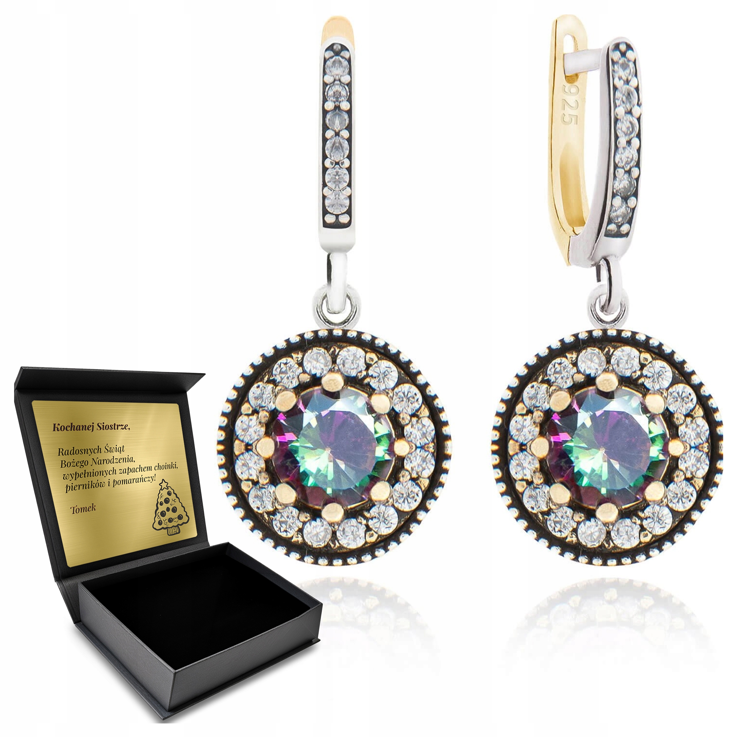 Stříbrné Náušnice 925 S Zirkony A Mystickým Topazem pro ženy Gravírování