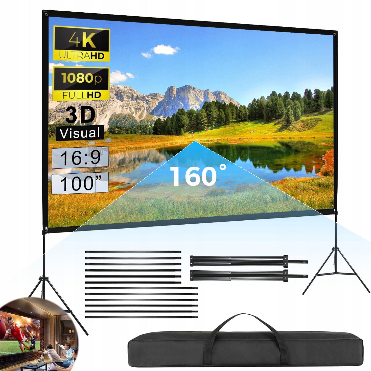 Projekčný displej 100" 4K Hd 16:9 Prenosný nastaviteľný stojan s 2 stojanmi