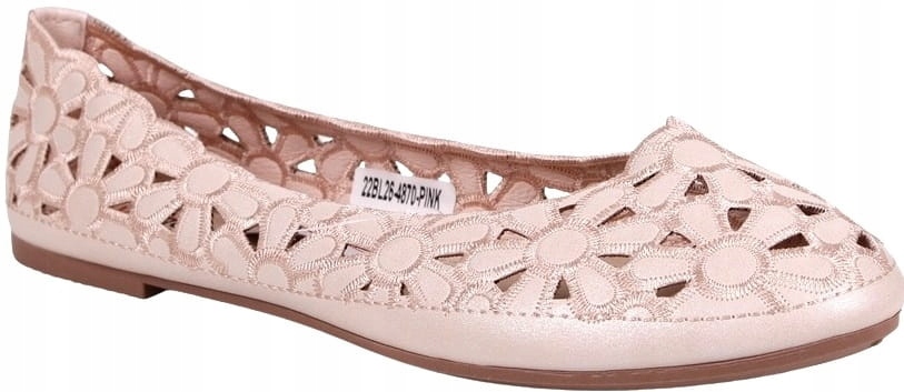 RÓŻOWE JASNE DAMSKIE BALERINY AŻUROWE ZGRABNE NA PŁASKIEJ PODESZWIE LEKKIE Wzór dominujący bez wzoru
