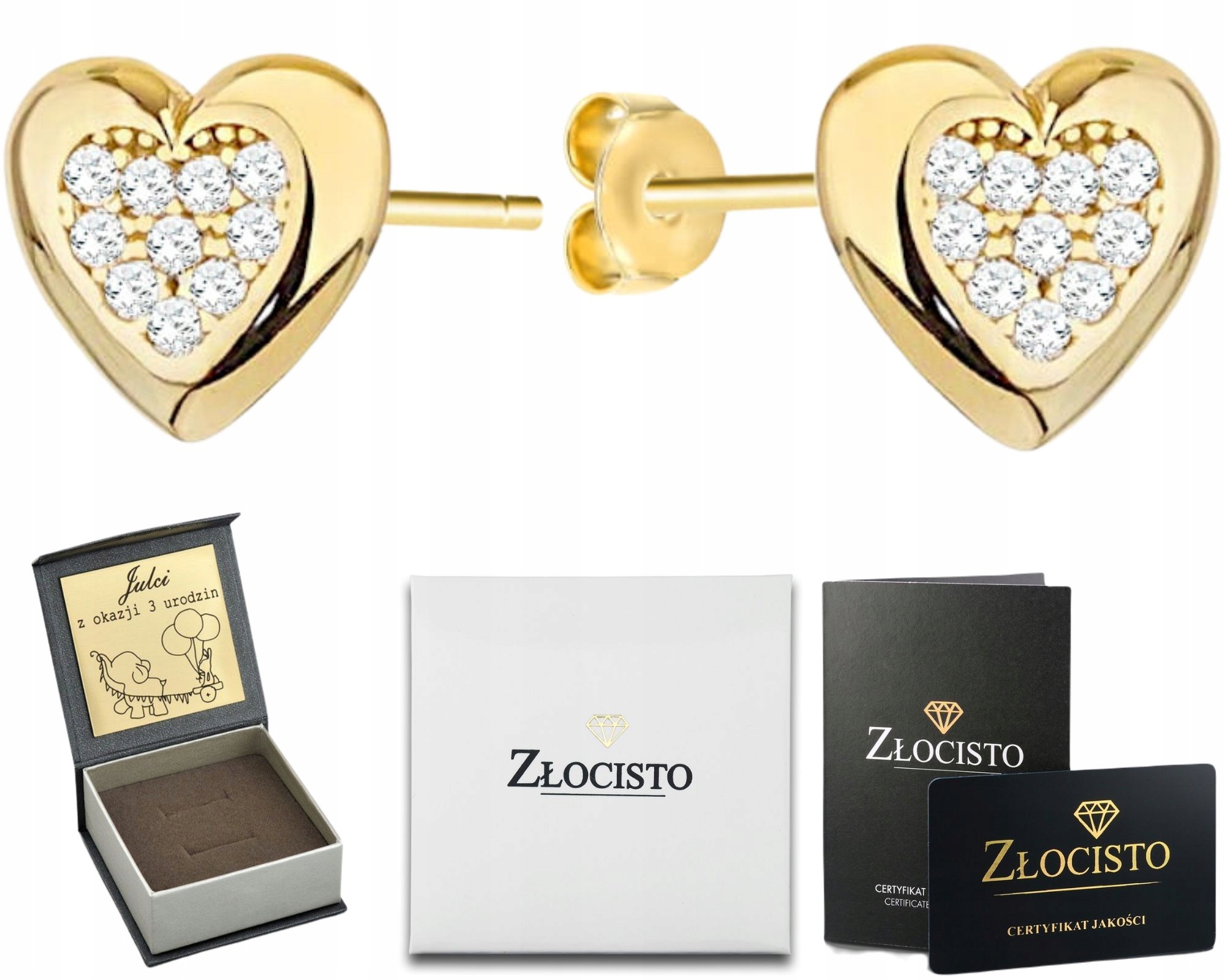 Zlaté Náušnice Srdce Srdíčka Zirkony Štítek 585 Gravírování Dárek