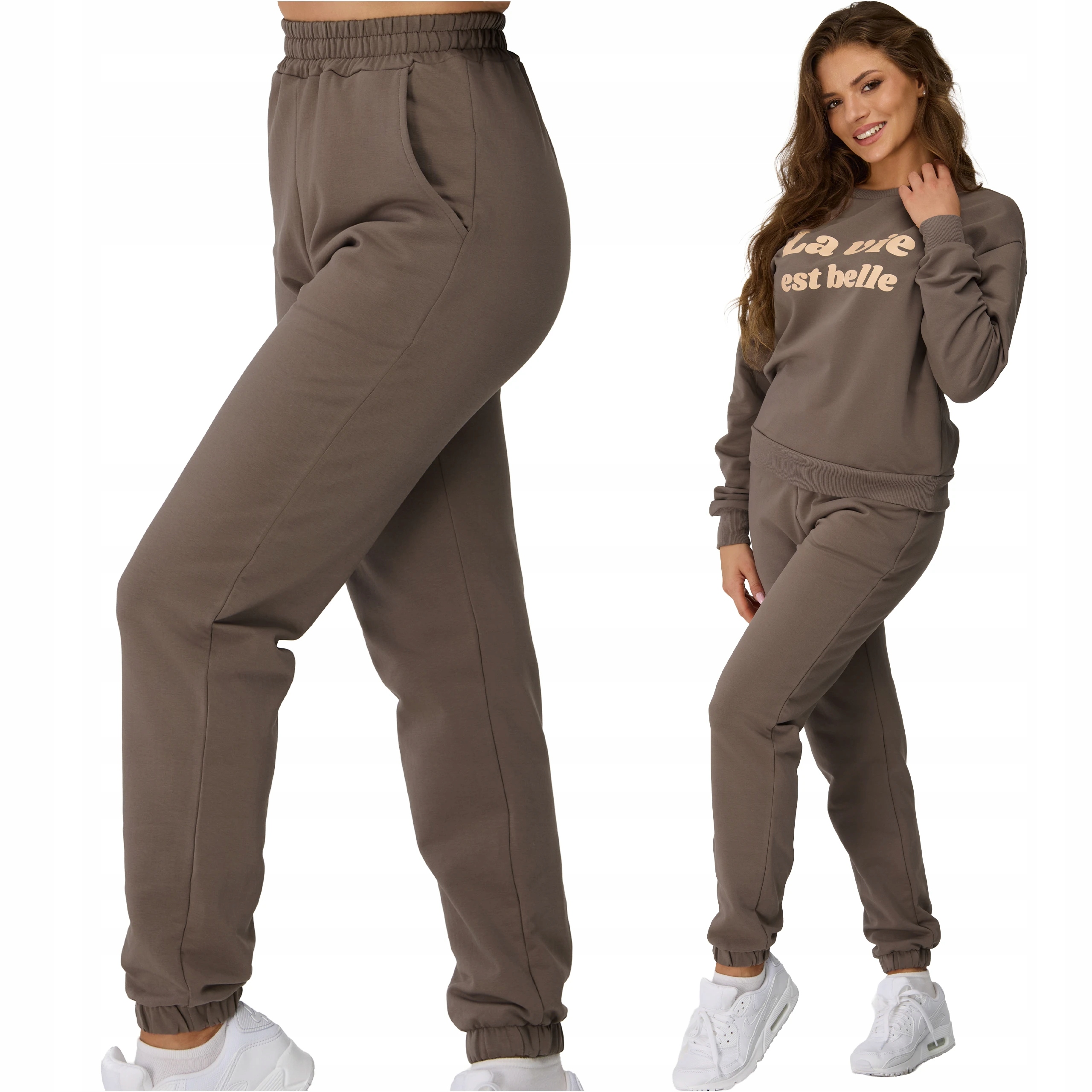 Spodnie dresowe damskie brązowe bawełniane z kieszeniami joggery XXL