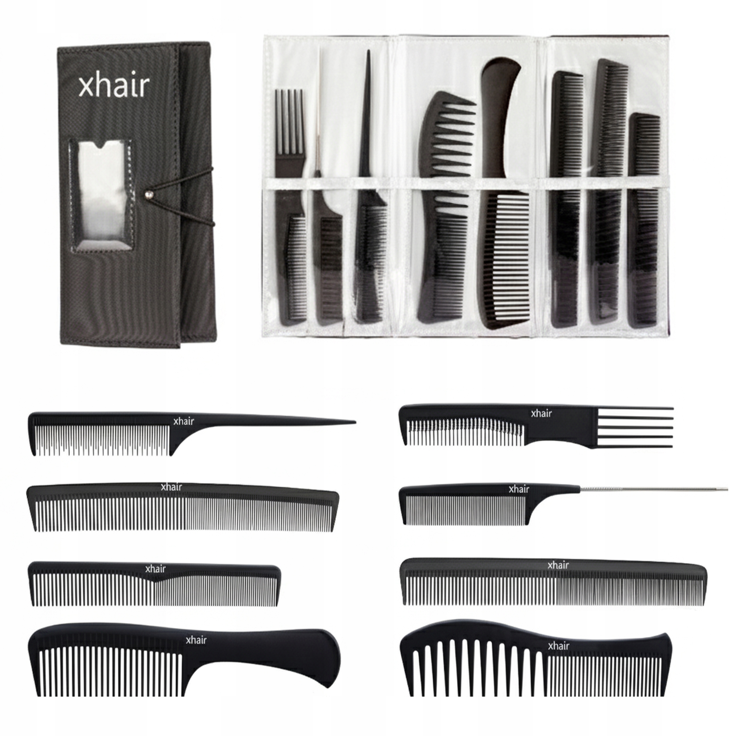 Profesionální kadeřnické hřebeny Mocné z karbonu, sada 8 ks Pouzdro