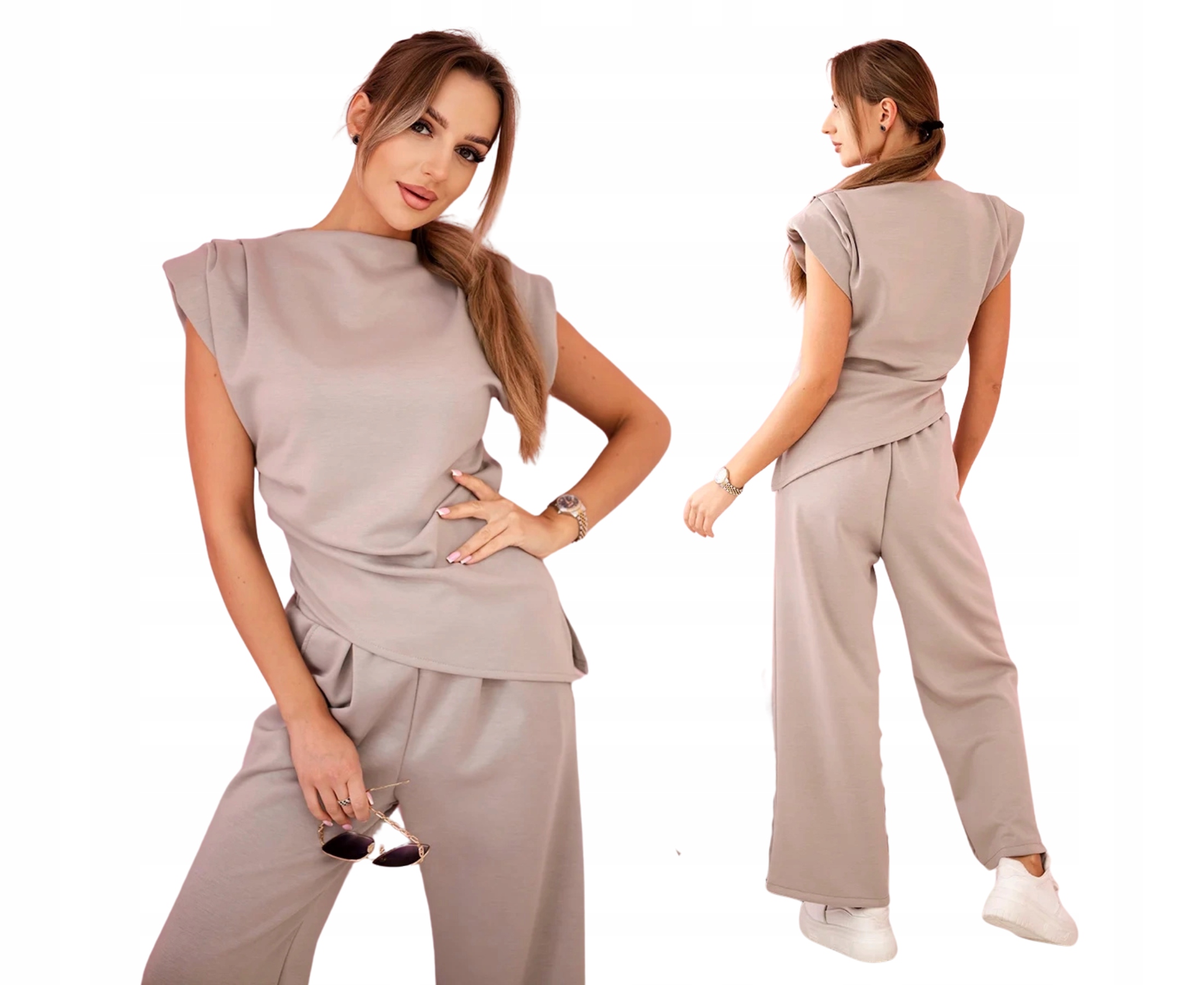 Tmavě béžový elegantní dámský komplet: asymetrická halenka kalhoty