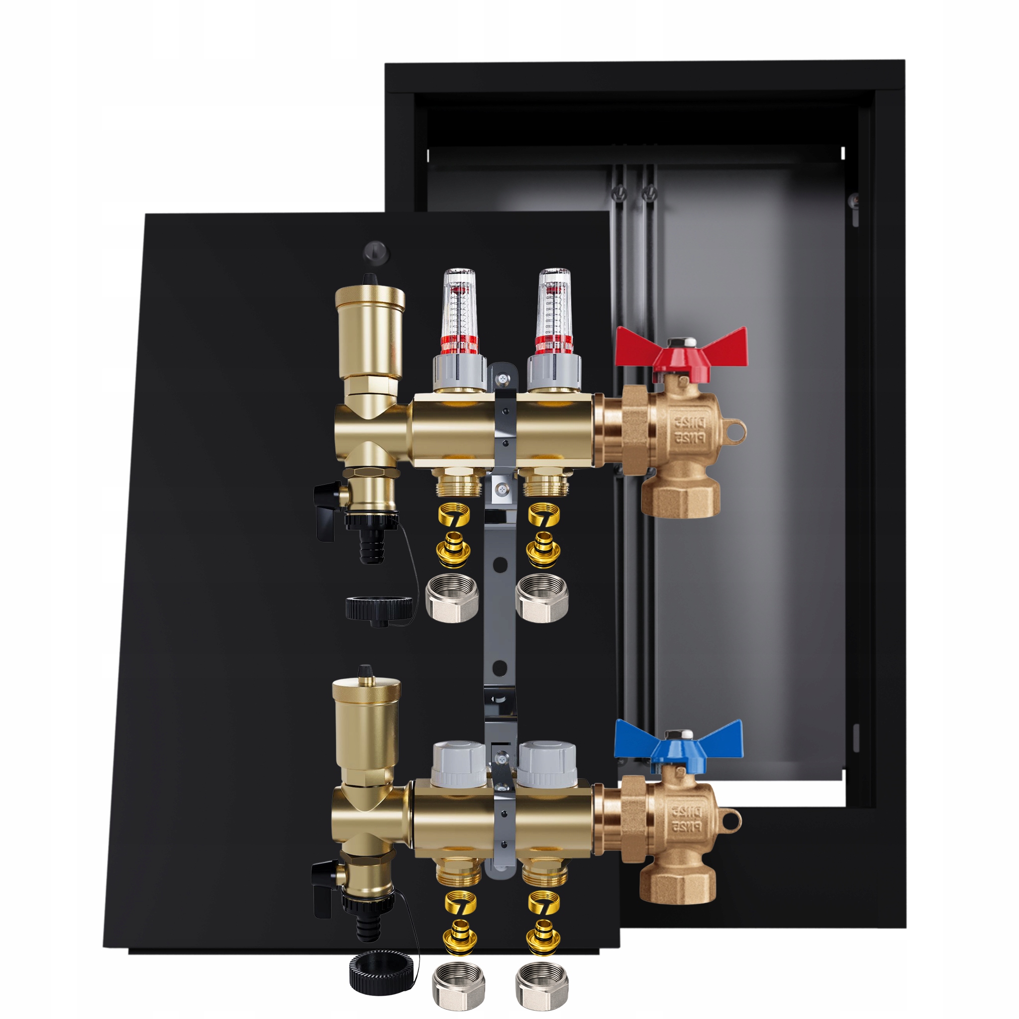 Rozdělovač mosazný podlahový 2 okruhy nástěnná skříňka černá Pex