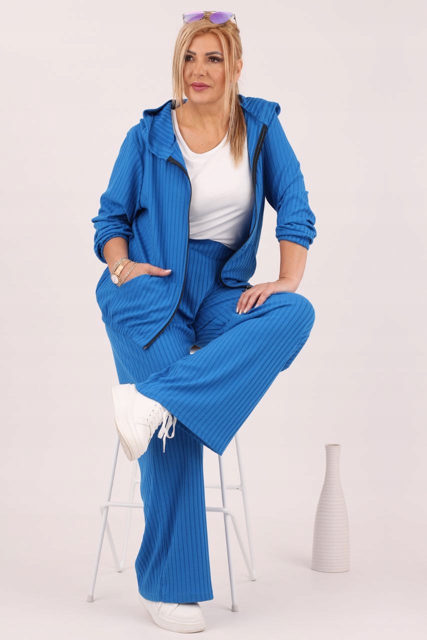 KOMPLET DRESOWY DAMSKI POLSKI PRODUCENT DUŻE ROZMIARY PRĄŻKOWANY LUŹNY Odcień kobaltowy