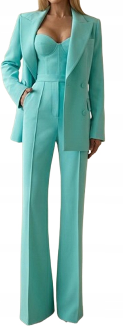 MD dámský komplet, mátový korzet, kalhoty s vysokým pasem, sako L