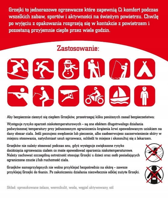 ogrzewacz do rąk rękawiczek GRZEJKI - 20 szt. Użycie jednorazowe