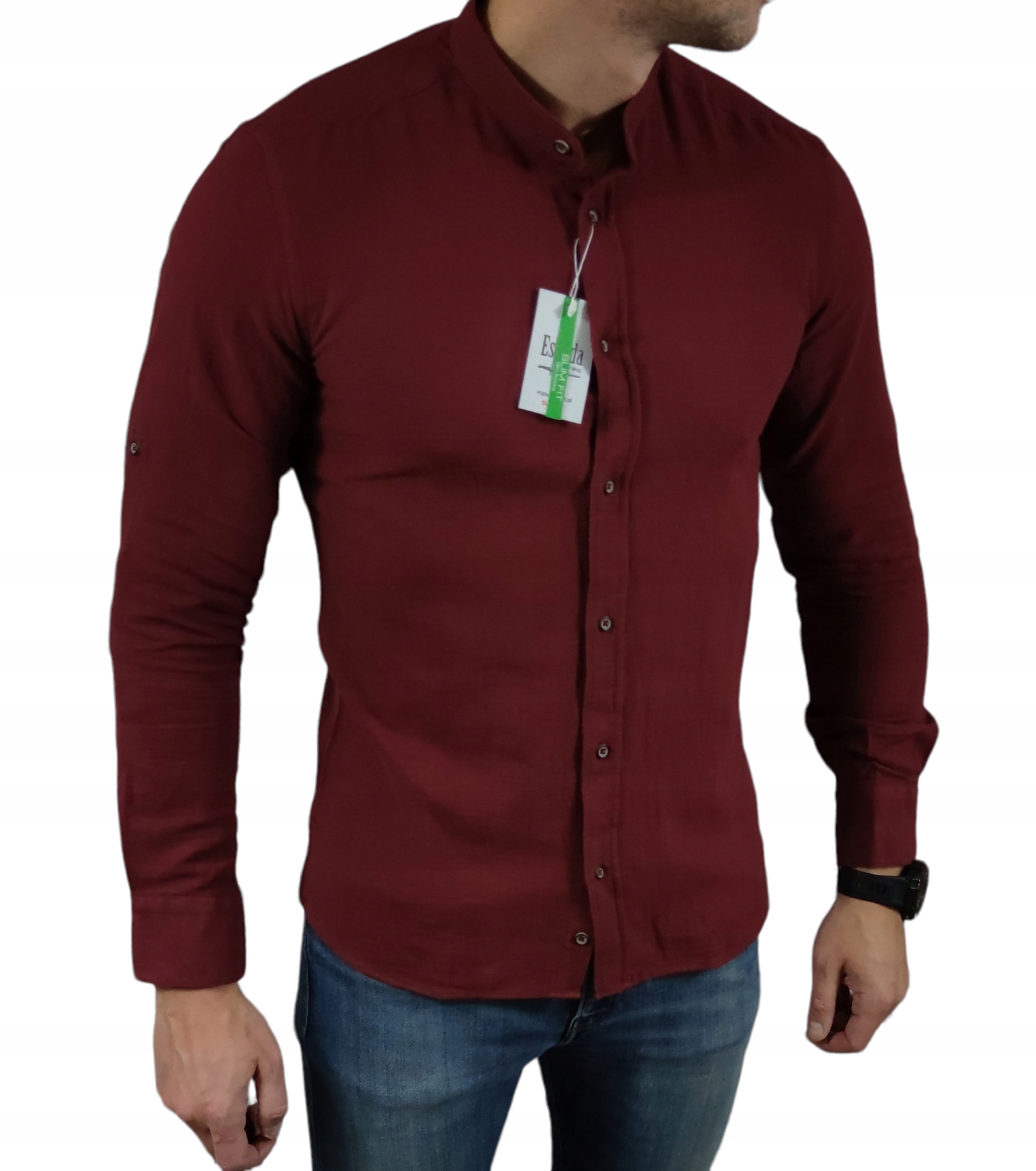 Lněná košile slim fit s se stojáčkem bordó ESP010 XXL