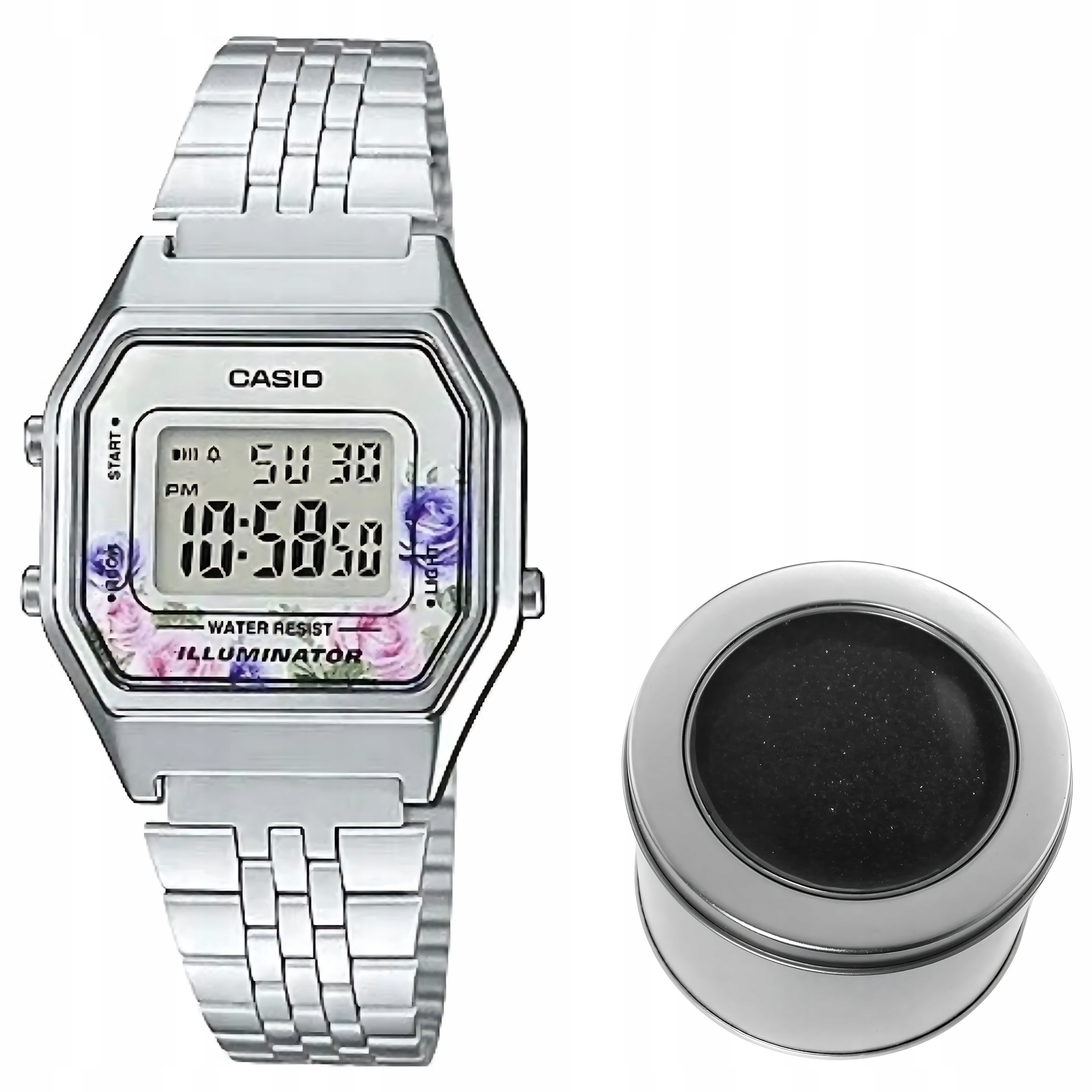 Dámské hodinky Casio LA680WA-4CDF Retro Stříbrné Květiny Digitální WR30 Box