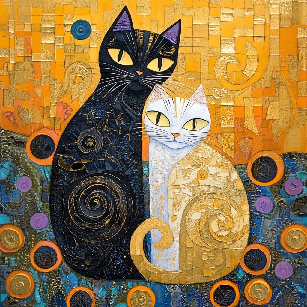 Obraz Na Plátně Canvas Mozaika Klimt Dvě Kočky Bílá Černá Yin Yang 80x80