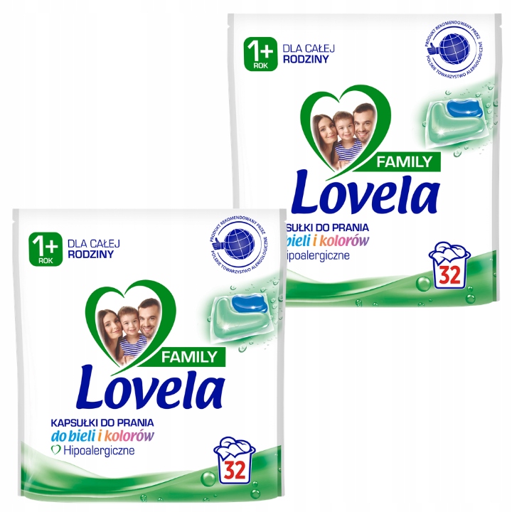 Lovela Family uniwersalne Hipoalergiczne kapsułki do prania 32 szt x2