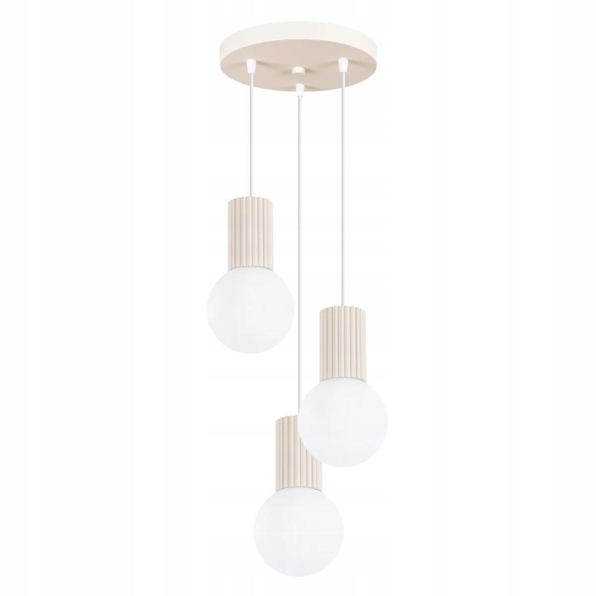 Závěsné béžové kulaté trojité svítidlo s rýhovaným sklem a bílými koulemi Sollux