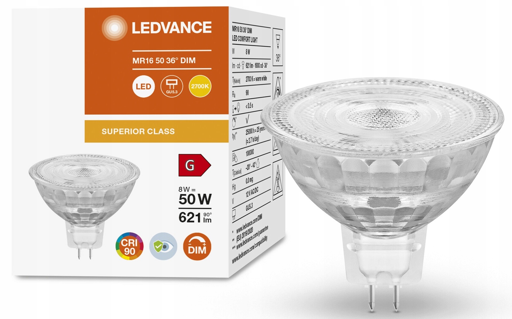 

Led MR16 reflektor 12V 8W 2700K GU5.3 621lm