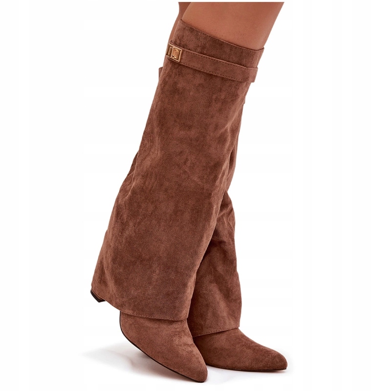 Kozačky Z Eko Semiše Na Podpatku Špičky Do Špičky, Ohrnutý Svršek, Béžová, Velikost 36