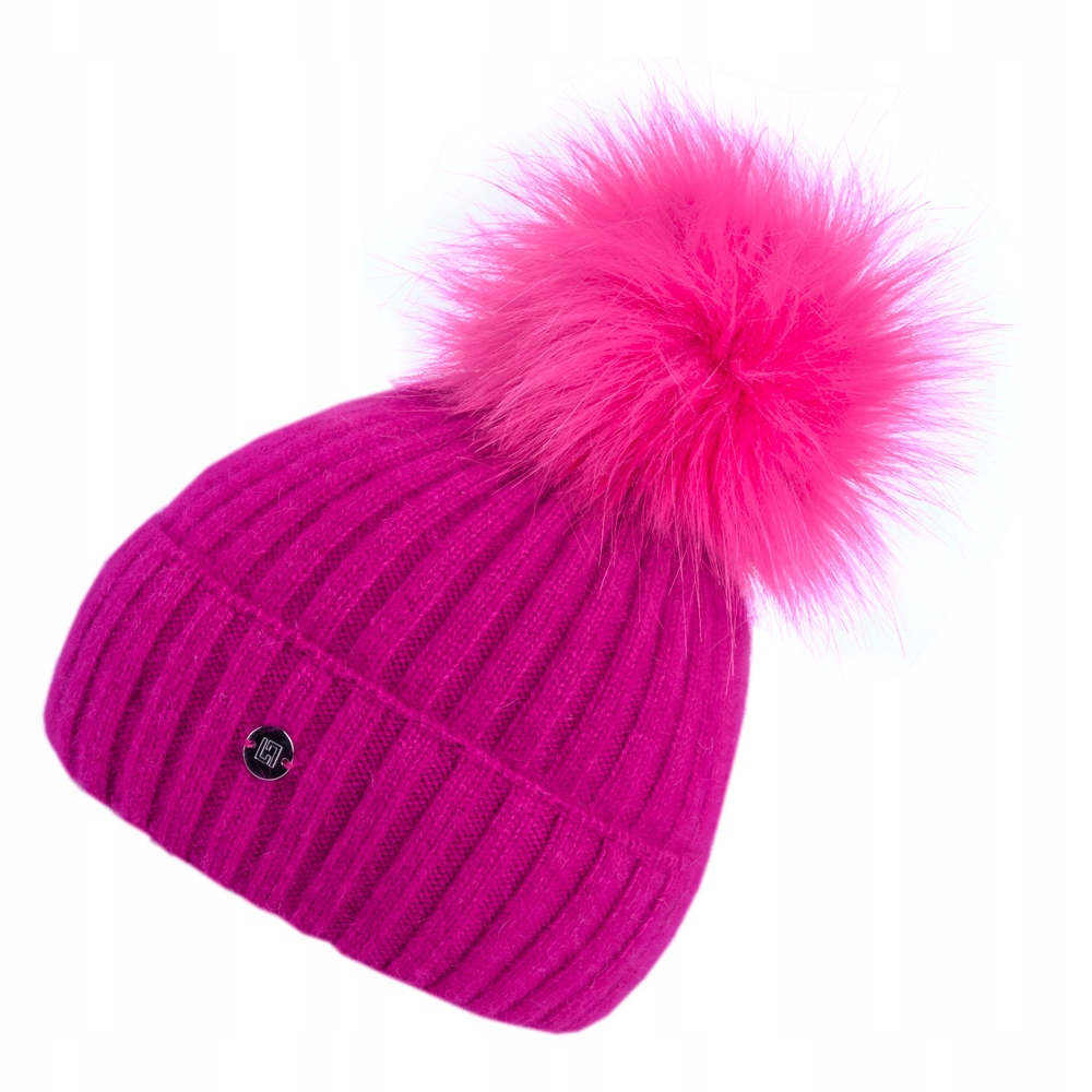 Dámská vlněná čepice s bambule ohrnovací Loman Angora Mora amarantová fuchsiová