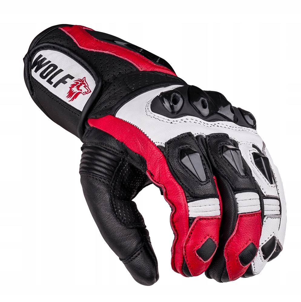 WOLF SKÓRZANE RĘKAWICE MOTOCYKLOWE Z DŁUGIM MANKIETEM RAIDEN BLK WHT RED S Rozmiar S