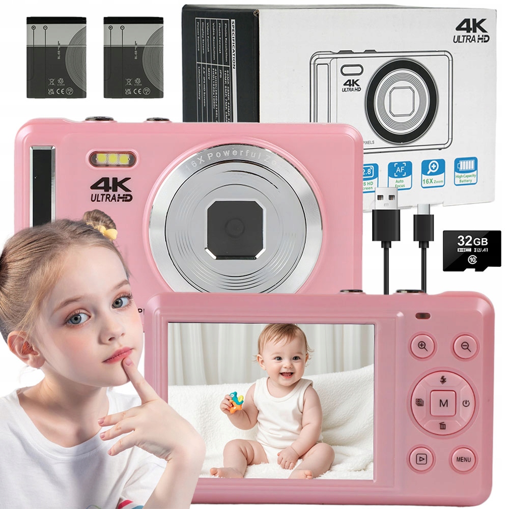 Aparat Cyfrowy 4K 64MP 16X Zoom Cyfrowy 2.8 Cala Ekran Ips Dziecko