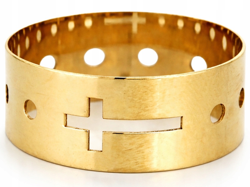 Zlatý široký prstýnek 585, hladký, vyřezaný prsten s křížem, růženec