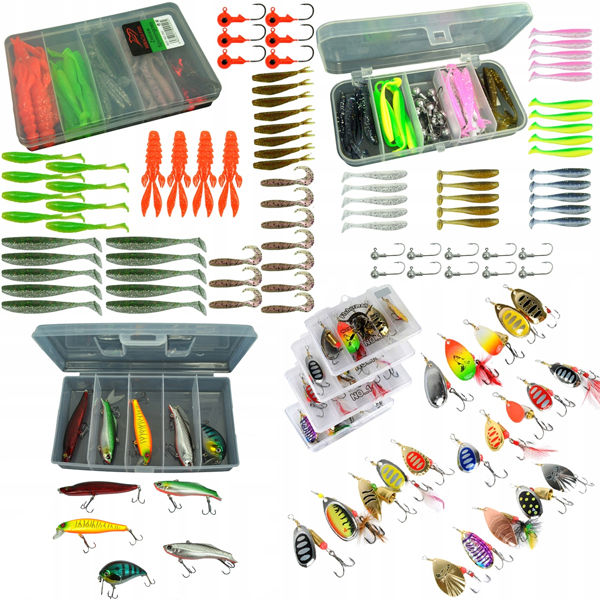 Potężny Zestaw Przynęt 103 elementy Blachy obrotowe, Woblery, Rippery, Gumy