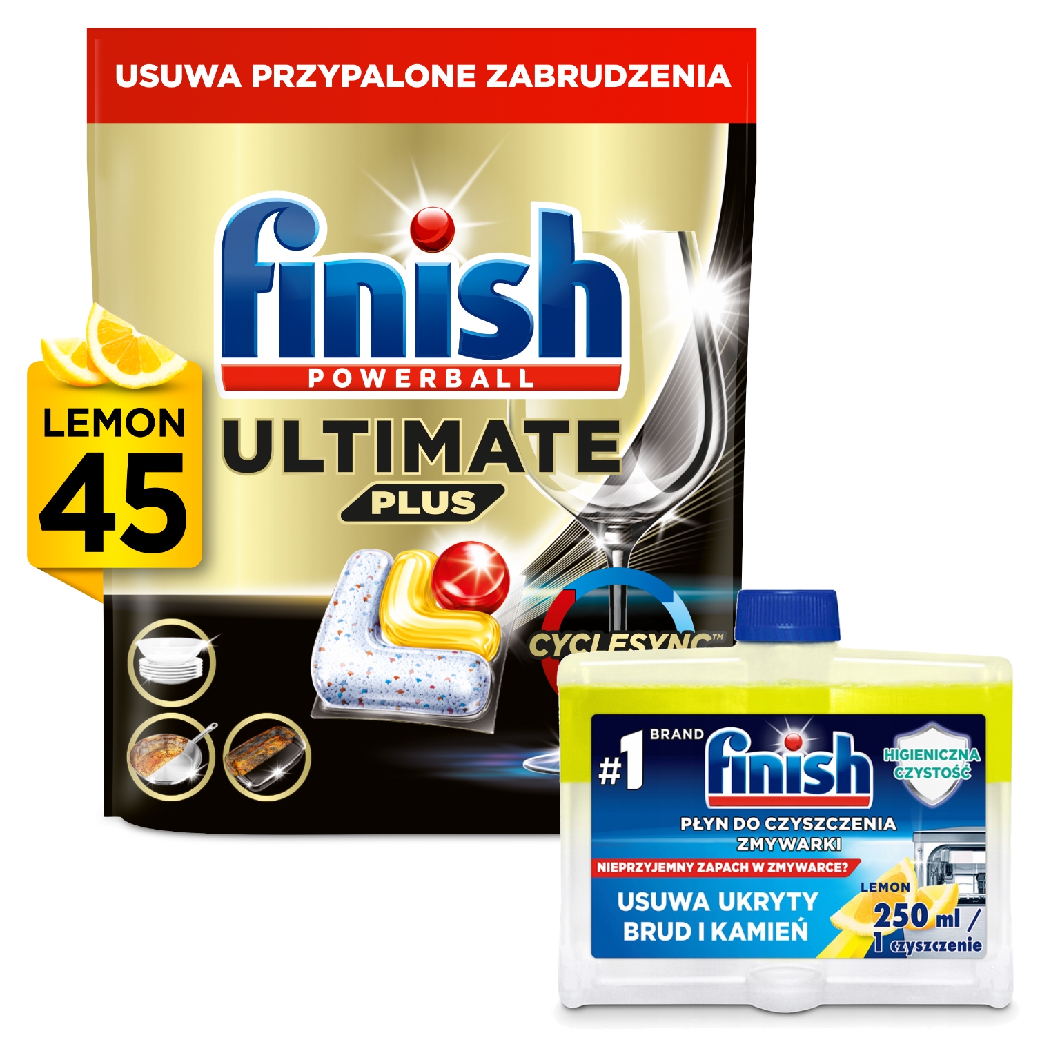 Levně Finish Sada Lemon Ultimate Plus Kapsle 45Št +Čisticí prostředek 250ml