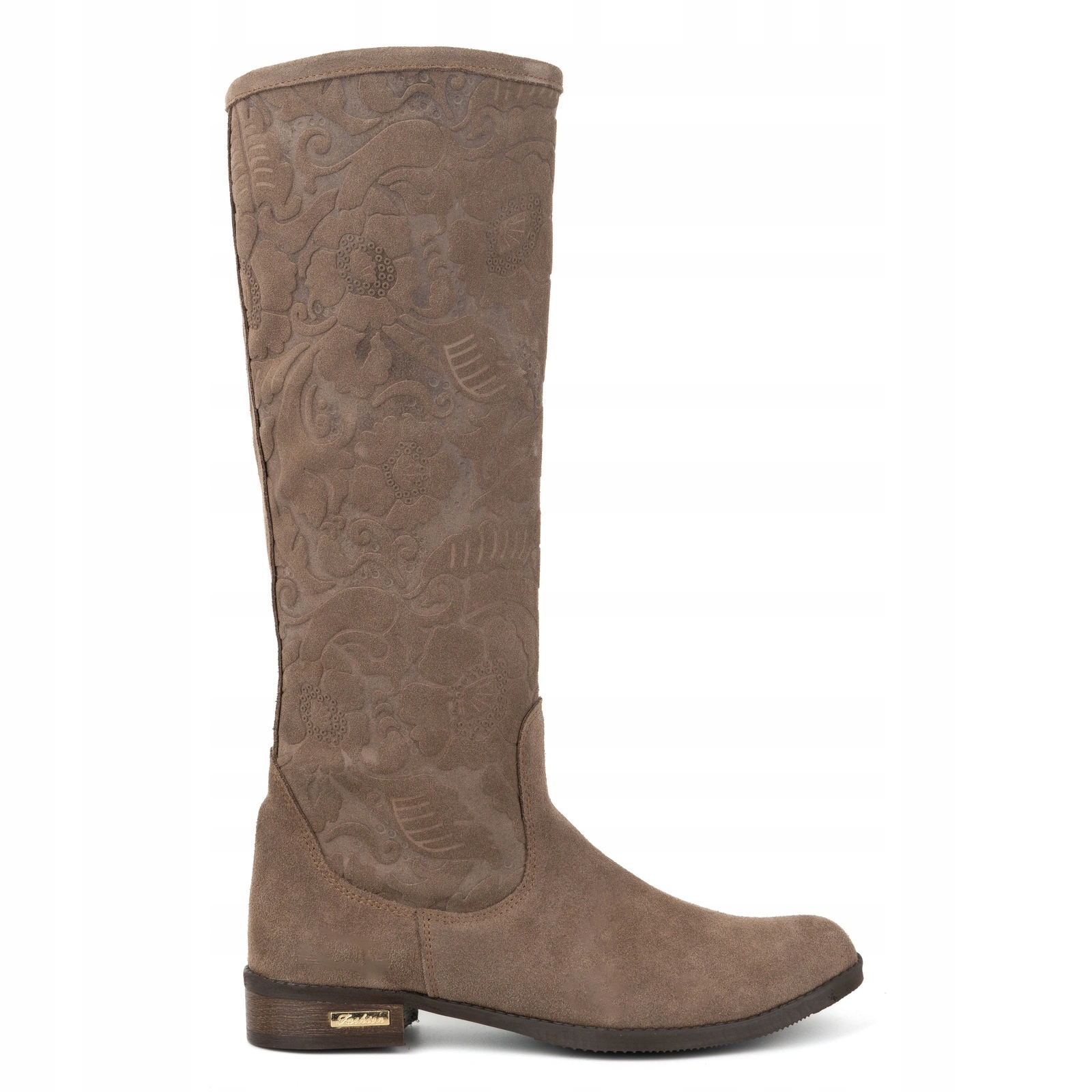 Dámské semišové kozačky z lisované kůže s květinami Emma, tmavě béžová, velikost 39