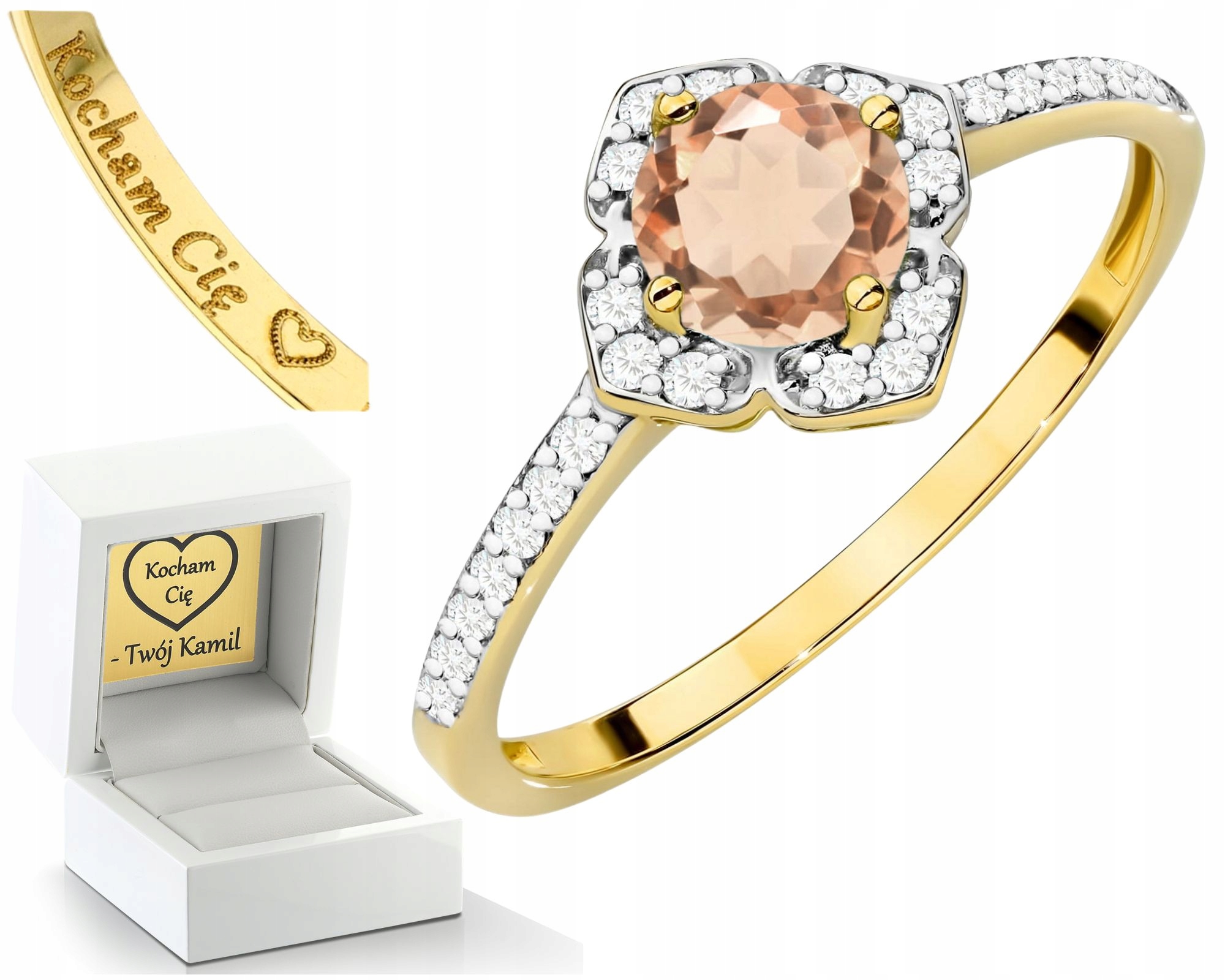 Prstýnek Prsten S Morganitem A Diamanty 585 14K Zlato Jako Gravírování Dárek