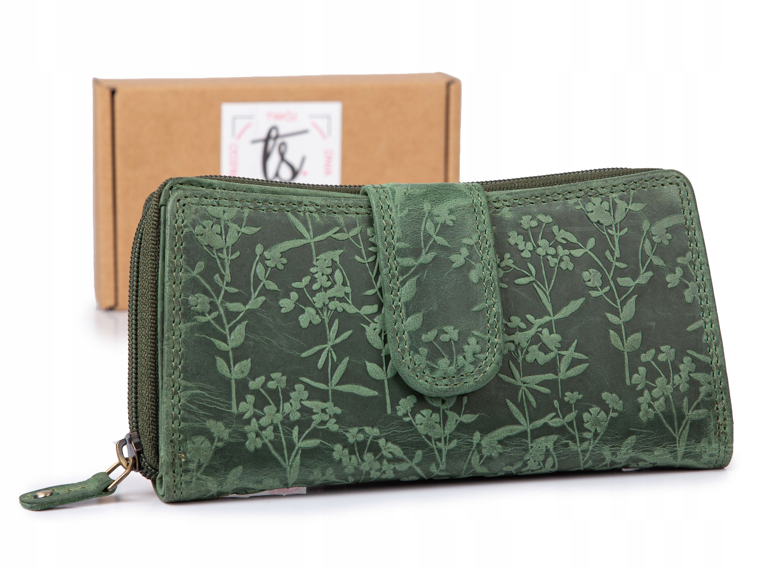Velká dámská kožená peněženka s vintage květinami, matná, s ochranou karet, zelená