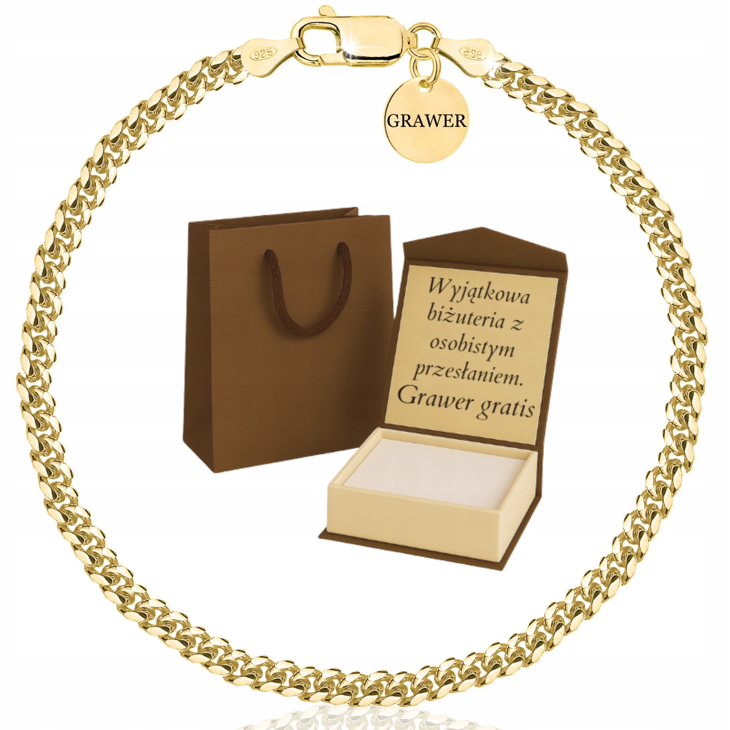 Pánský Zlatý Kubánský Pánský Náramek 925/585 Gravírování 3,5 MM, Zlacený, Stříbro