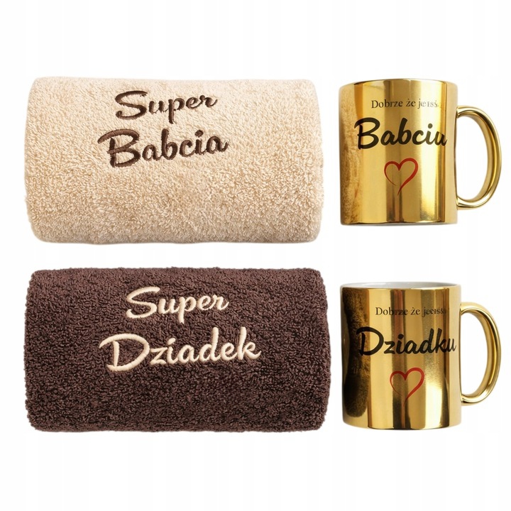 Sada Ručníků Na Den Babičky A Dědečka Se Zlatými Hrníčky