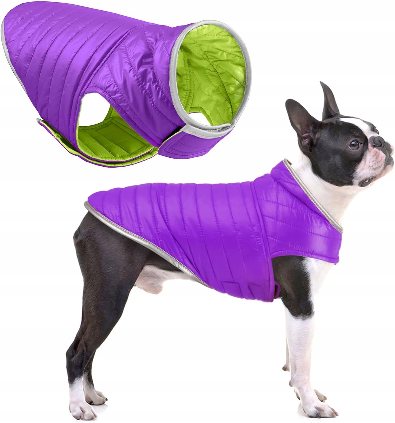 Levně Zimní teplá oboustranná bunda pro psa, zeleno-fialová, velikost XXL